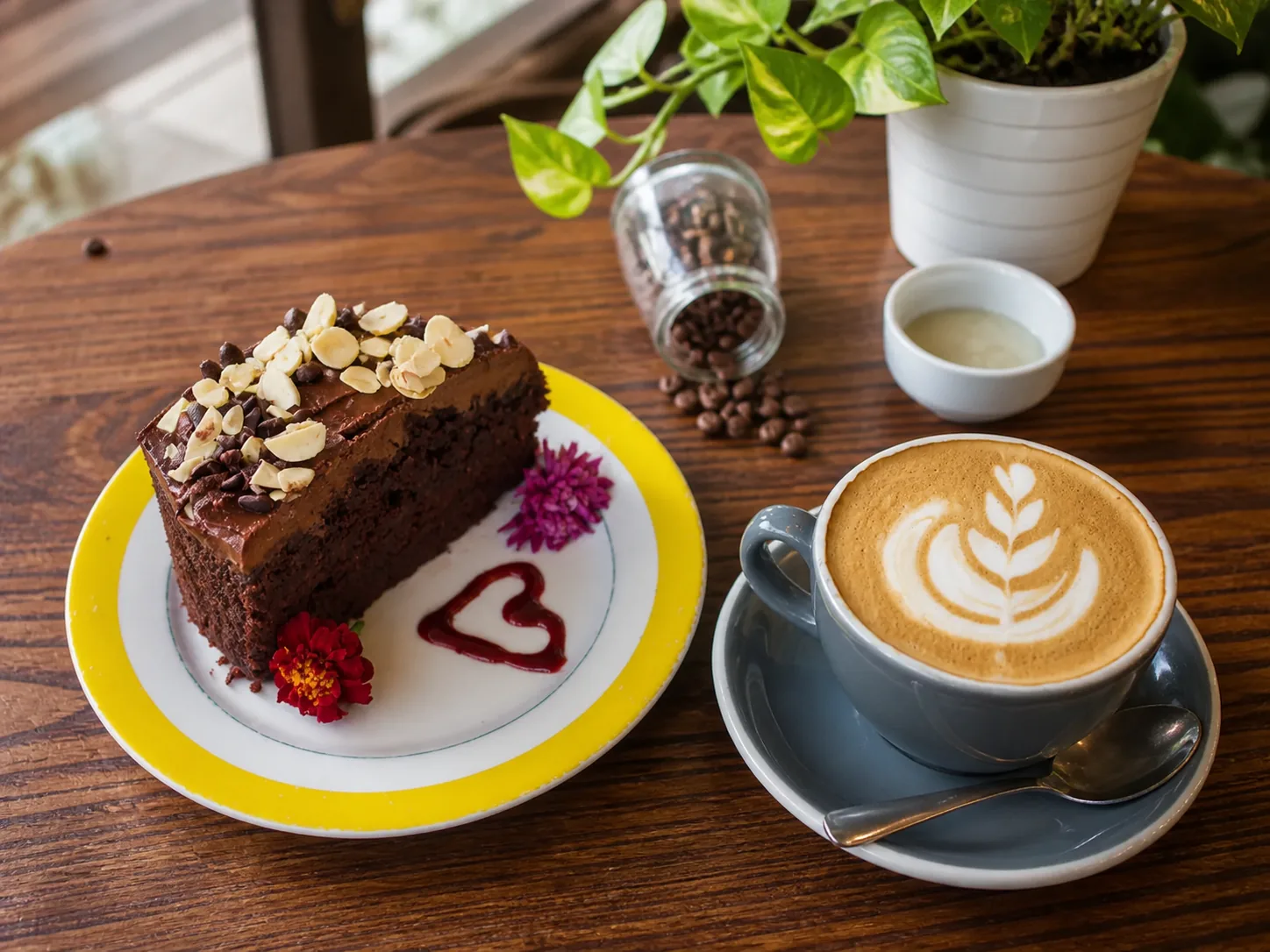 Coffee and chocolate cake on a wooden table at Grindz Cafe