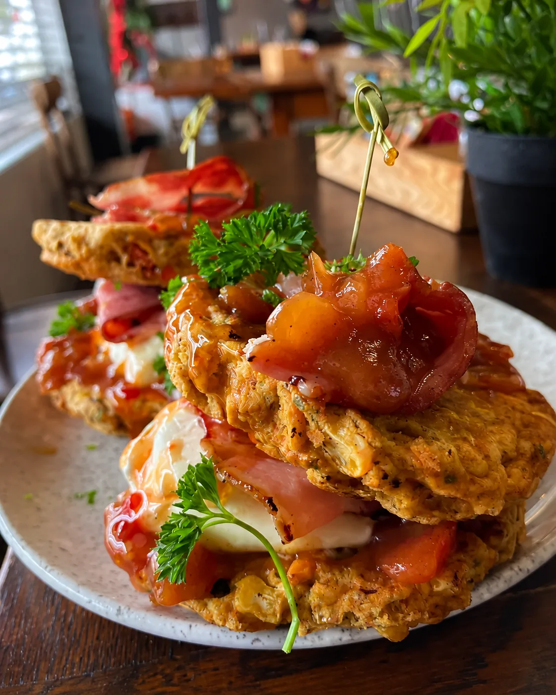 A breakfast plate at Grindz Cafe