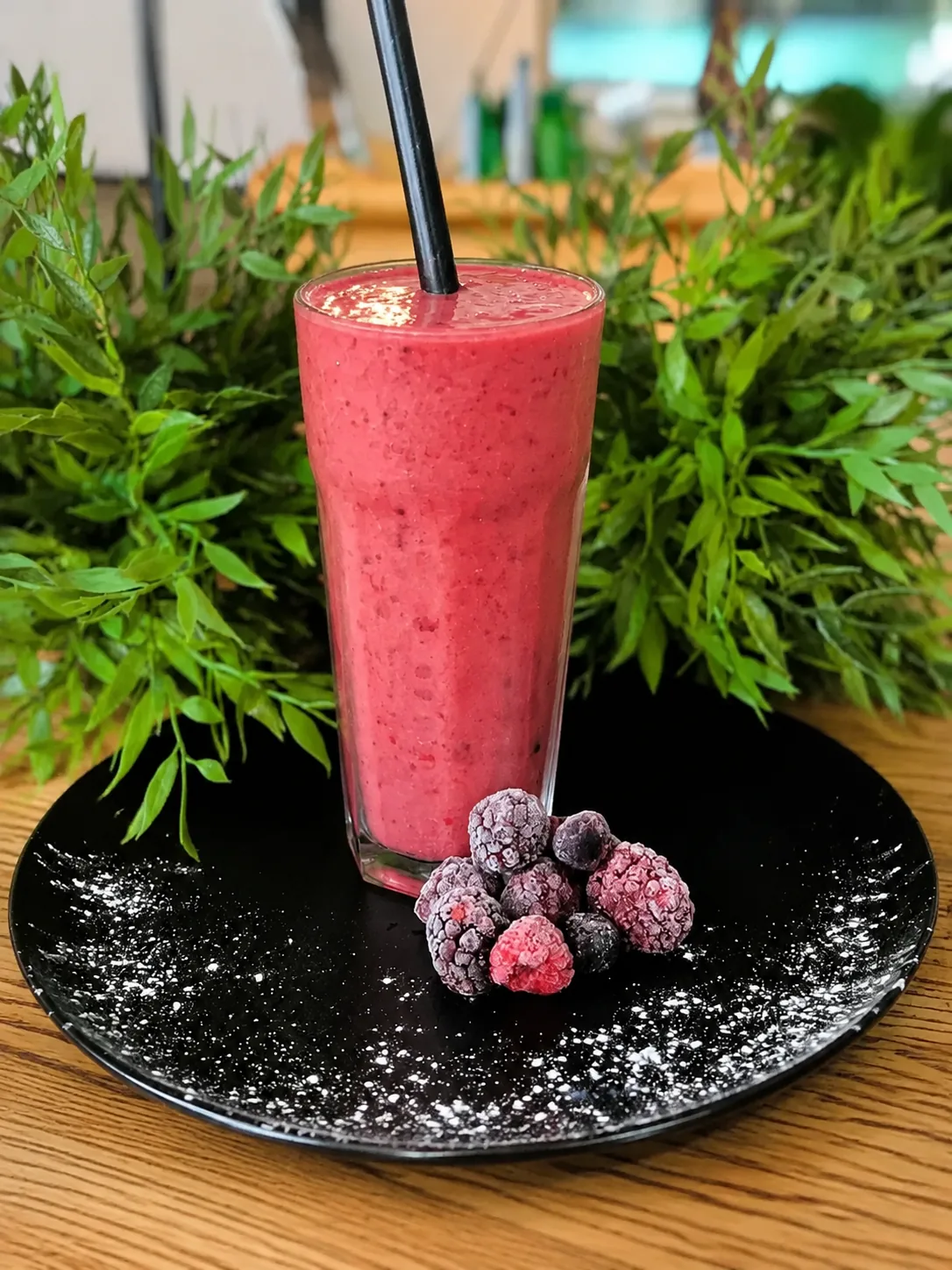 A berry smoothie with frozen berries at Grindz Cafe
